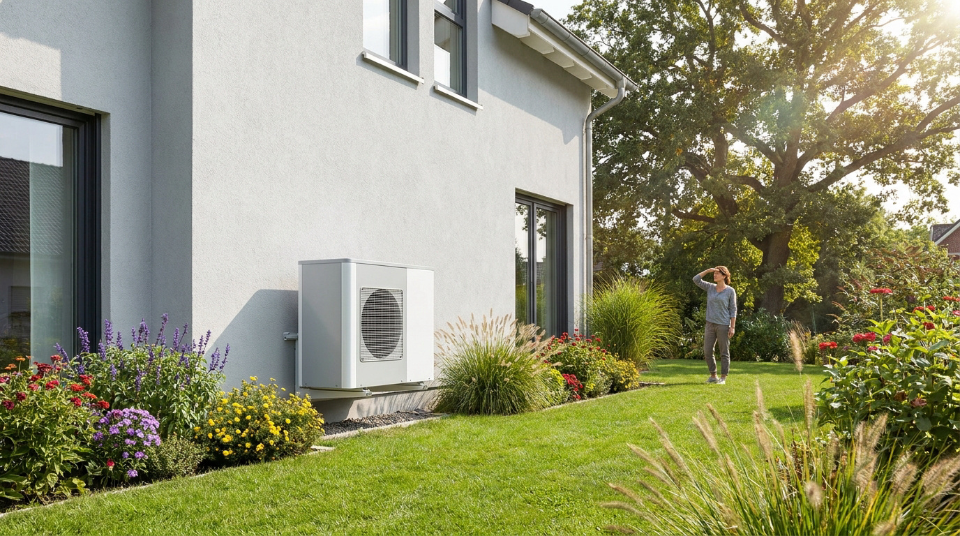 Pompe à chaleur moderne installée sur une maison avec un grand jardin fleuri. Une femme au loin contemple la nature environnante.