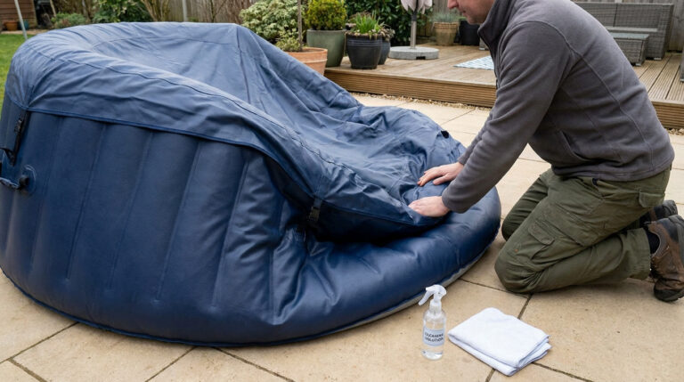 Un homme à genoux plie un spa gonflable bleu dégonflé sur une terrasse. Produit de nettoyage et serviette sont au sol.