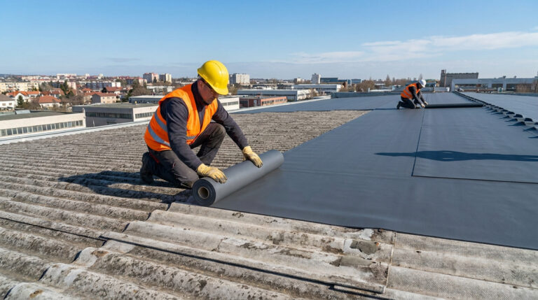 Deux ouvriers installent une membrane d'étanchéité sombre sur un vieux toit ondulé en fibrociment, avec une ville en arrière-plan.
