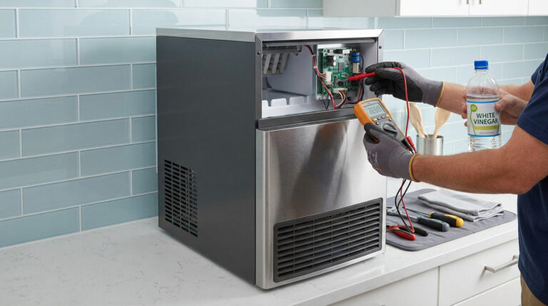 Mains gantées testant le circuit imprimé d'une machine à glaçons avec un multimètre. Une bouteille de vinaigre blanc est tenue.