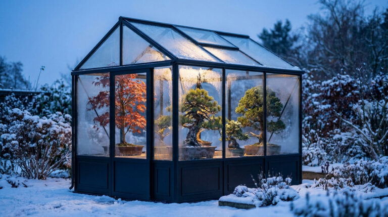 Une serre moderne remplie de bonsaïs éclairés, entourée d'un paysage enneigé sous un ciel hivernal gris.