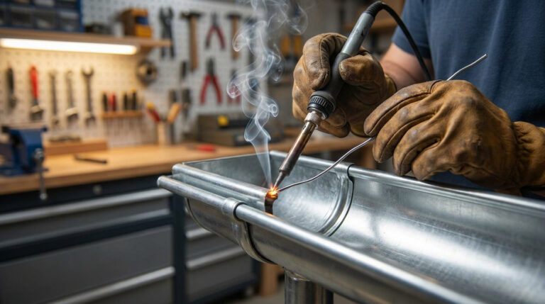 Gros plan sur des mains gantées soudant une gouttière en zinc avec un fer à souder, de la fumée s'échappant. Arrière-plan d'atelier.
