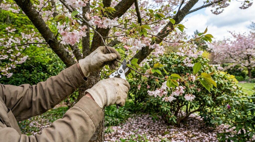 Mains gantées taillant une branche fleurie de cerisier du Japon avec un sécateur. Des pétales jonchent le sol du jardin.