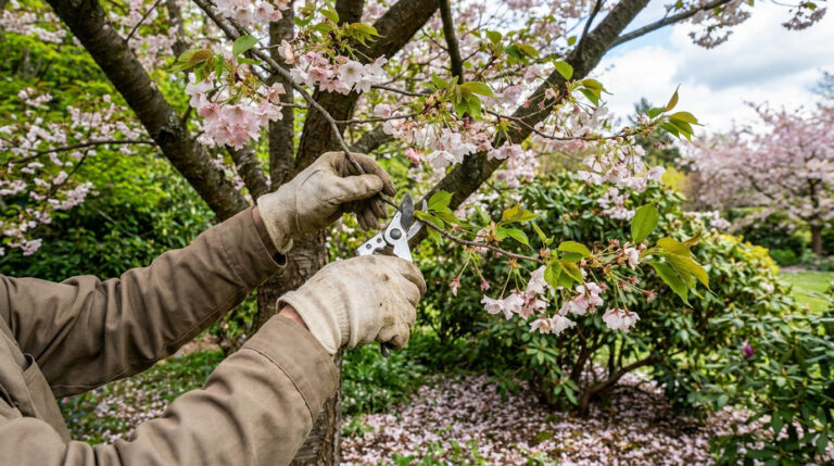 Mains gantées taillant une branche fleurie de cerisier du Japon avec un sécateur. Des pétales jonchent le sol du jardin.