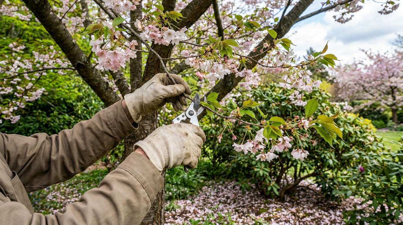 Mains gantées taillant une branche fleurie de cerisier du Japon avec un sécateur. Des pétales jonchent le sol du jardin.
