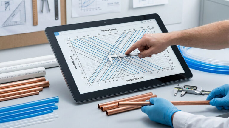 Un professionnel utilise une tablette affichant un abaque pour calculer le diamètre de tuyaux en cuivre et PVC.