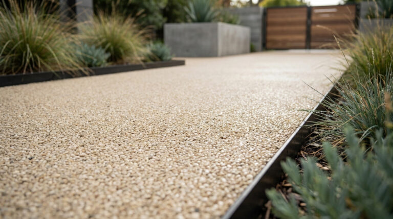 Allée de jardin moderne en gravier aggloméré beige avec bordures métalliques et aménagements paysagers.