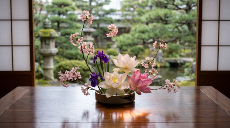 Composition florale japonaise Ikebana avec des fleurs de cerisier et de lotus devant un jardin zen traditionnel.