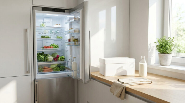 Un réfrigérateur en acier inoxydable ouvert et propre dans une cuisine moderne, rempli de fruits et légumes frais.