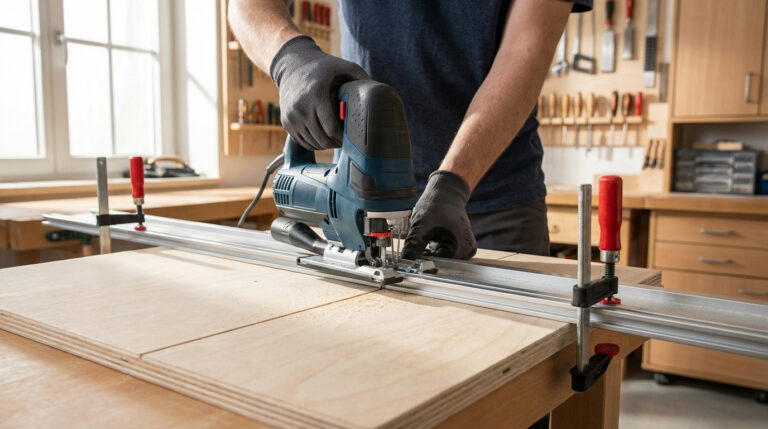 Une personne utilise une scie sauteuse avec un rail de guidage sur une planche en bois dans un atelier.