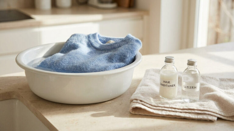 Un pull bleu trempant dans une bassine d'eau avec des flacons d'après-shampoing et de glycérine à côté.