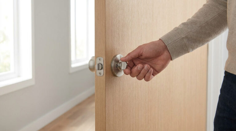 Main d'une personne tournant le bouton d'un verrou sur une porte en bois clair dans une maison lumineuse.