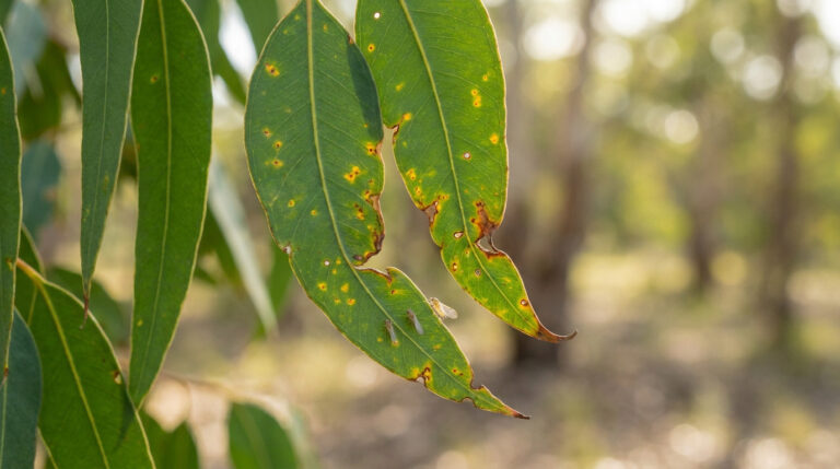 Feuilles d'eucalyptus présentant des taches jaunâtres et des dommages causés par de petits insectes.