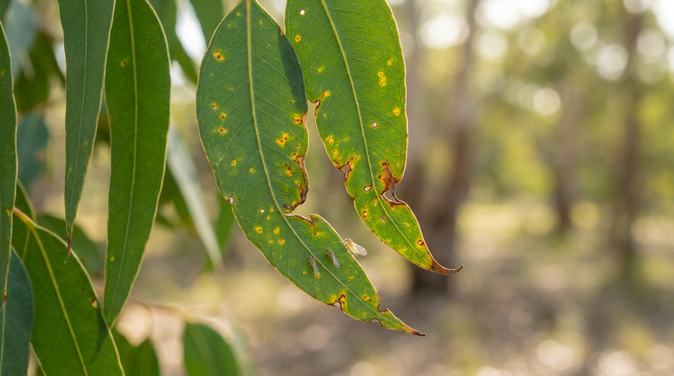Feuilles d'eucalyptus présentant des taches jaunâtres et des dommages causés par de petits insectes.