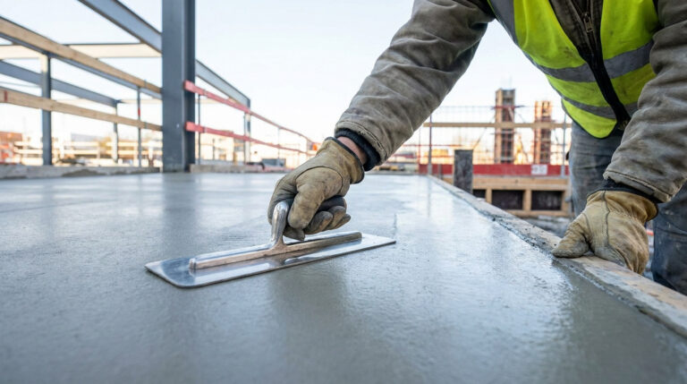 Un ouvrier du bâtiment lisse une dalle de béton frais avec une truelle sur un chantier.
