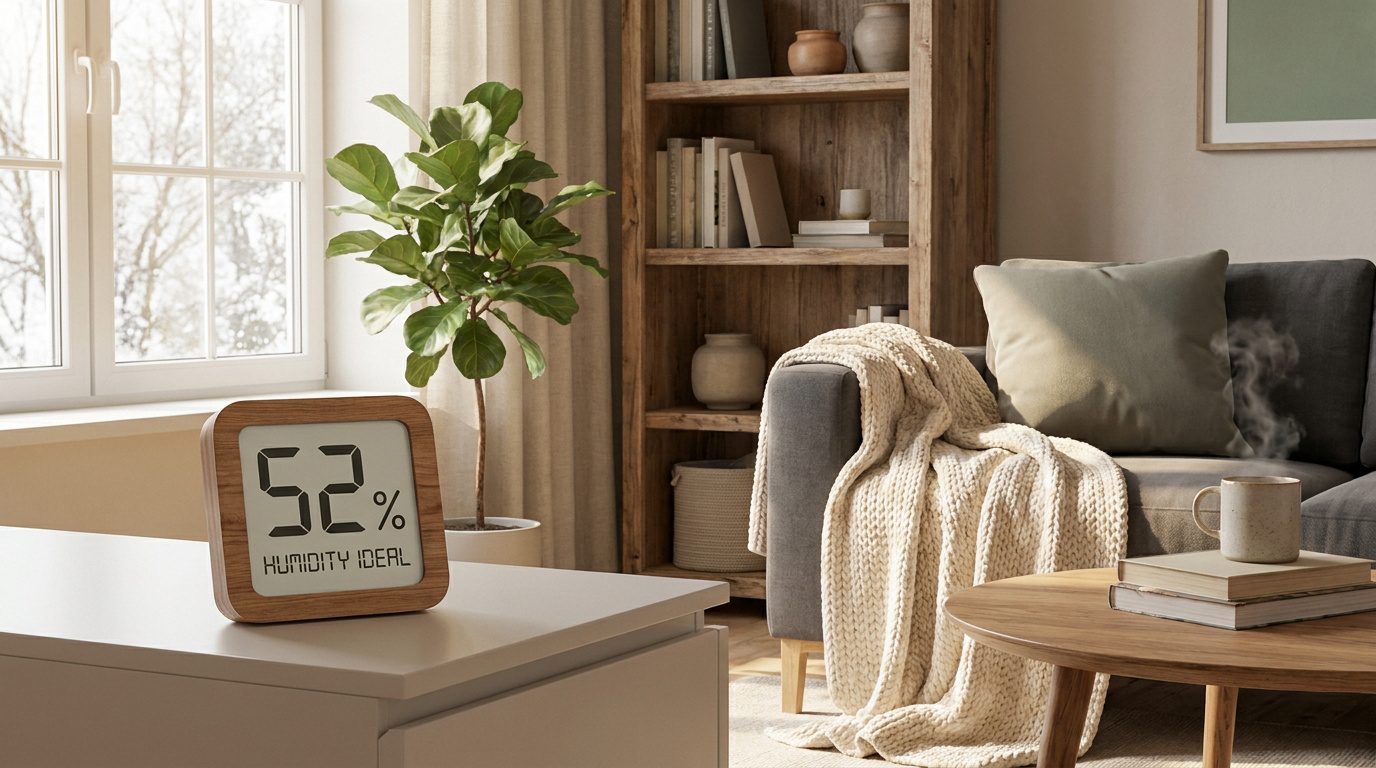 Hygromètre en bois affichant 52 % dans un salon cosy et chaleureux.