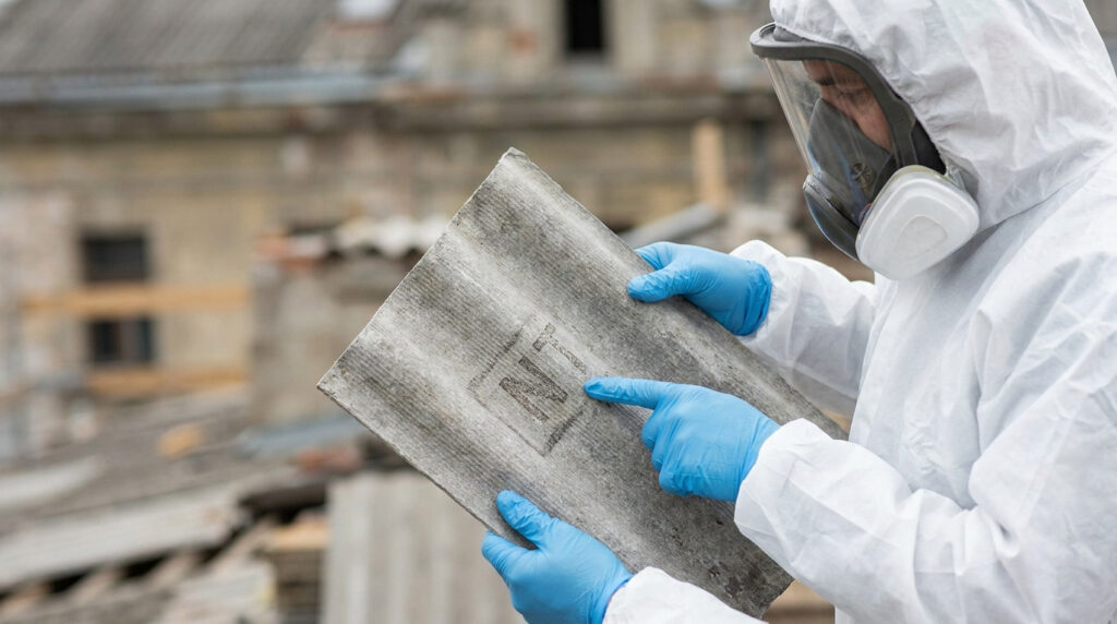 Un professionnel en combinaison de protection et masque inspecte une plaque de fibrociment portant la mention NT.