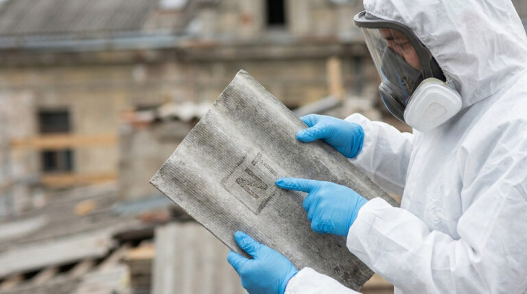 Un professionnel en combinaison de protection et masque inspecte une plaque de fibrociment portant la mention NT.