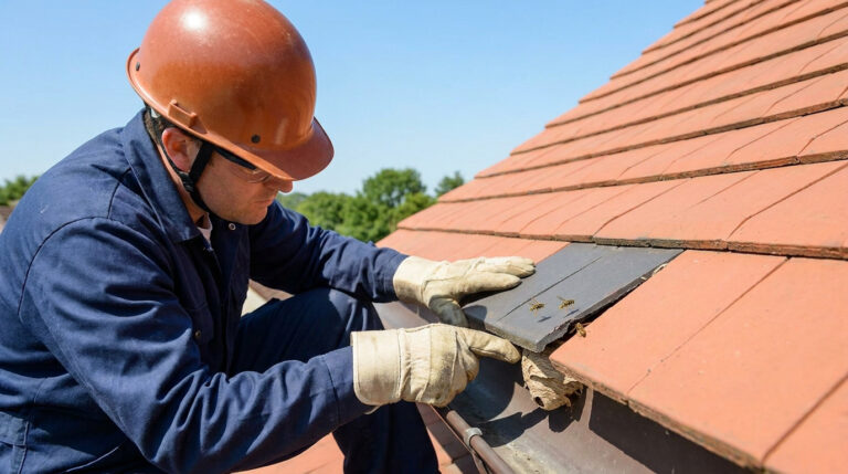 Un professionnel en casque et gants inspecte prudemment un nid de guêpes situé sous les tuiles d'un toit.
