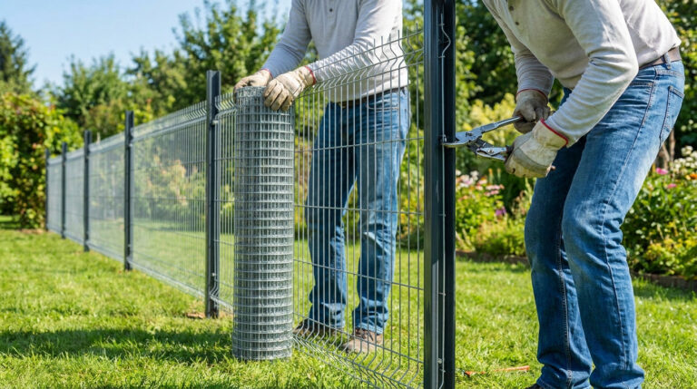 Deux hommes installent une clôture en grillage soudé dans un jardin.
