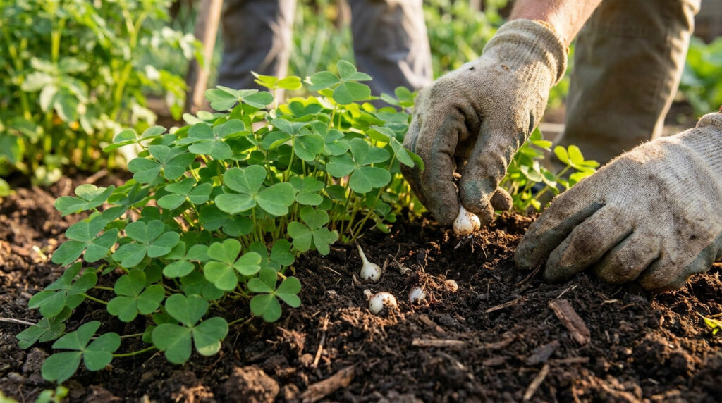 Une personne portant des gants de jardinage arrachant manuellement des plants d'oxalis et leurs bulbes de la terre.