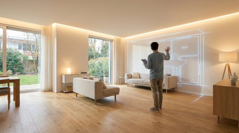 Un homme utilise une tablette pour projeter un plan de maison sur le mur de son salon moderne.