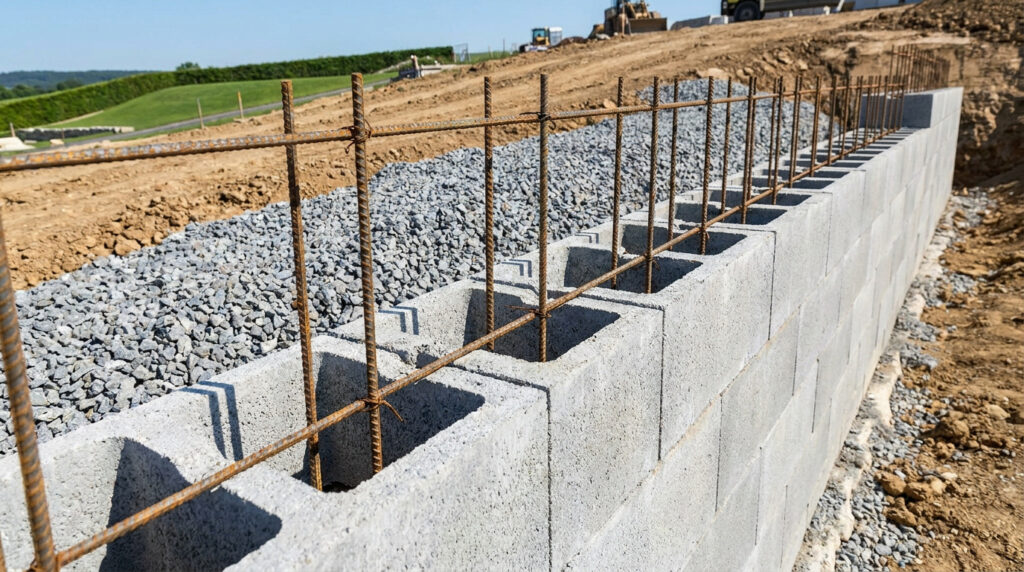Mur de soutènement en cours de construction avec blocs à bancher et armature en fer sur un chantier.