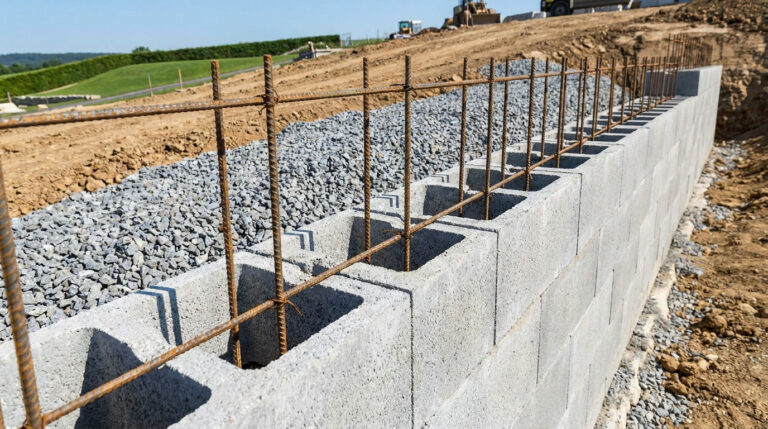 Mur de soutènement en cours de construction avec blocs à bancher et armature en fer sur un chantier.