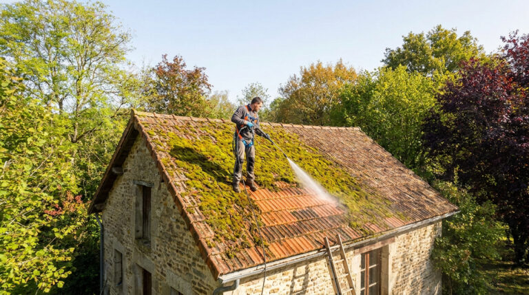 Un professionnel équipé d'un harnais nettoie une toiture envahie par la mousse à l'aide d'un nettoyeur haute pression.