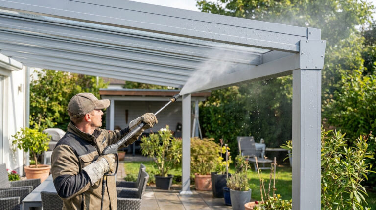 Un homme en tenue de travail utilise un nettoyeur haute pression pour nettoyer une pergola en métal dans un jardin.