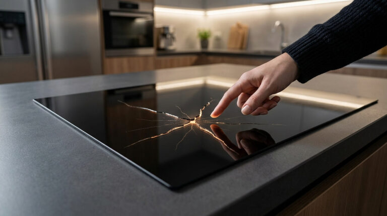 Une main pointe une fissure lumineuse sur une plaque de cuisson en verre noir dans une cuisine moderne.
