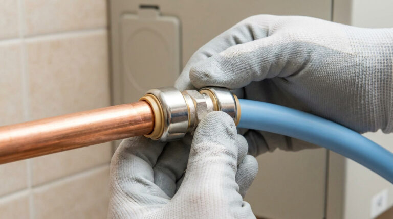 Des mains gantées assemblent un tube en cuivre et un tube bleu avec un raccord automatique sans soudure.