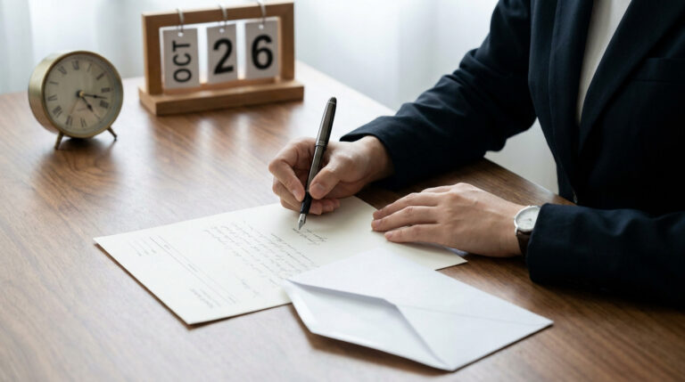 Une personne en costume signant une lettre officielle à un bureau avec un calendrier indiquant octobre 26.