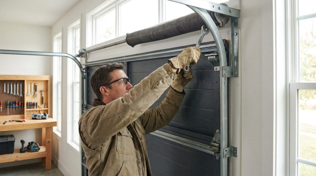 Un homme en gants et lunettes de protection ajuste le ressort de tension d'une porte de garage avec une clé.