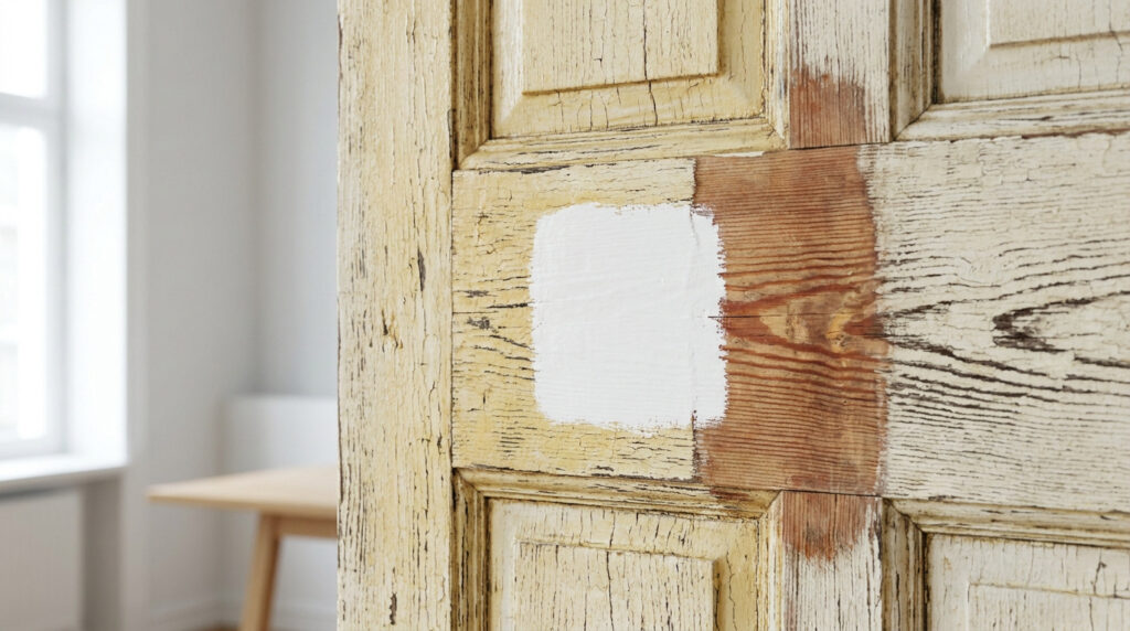 Gros plan sur une porte en bois avec de la vieille peinture jaunie, une zone poncée et un échantillon de peinture blanche.
