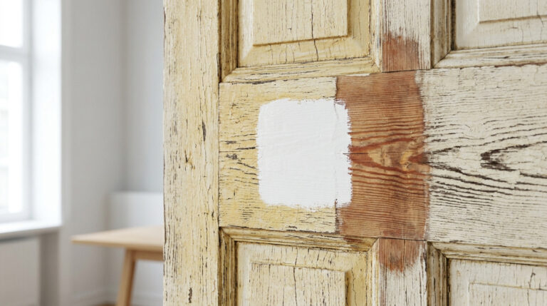 Gros plan sur une porte en bois avec de la vieille peinture jaunie, une zone poncée et un échantillon de peinture blanche.