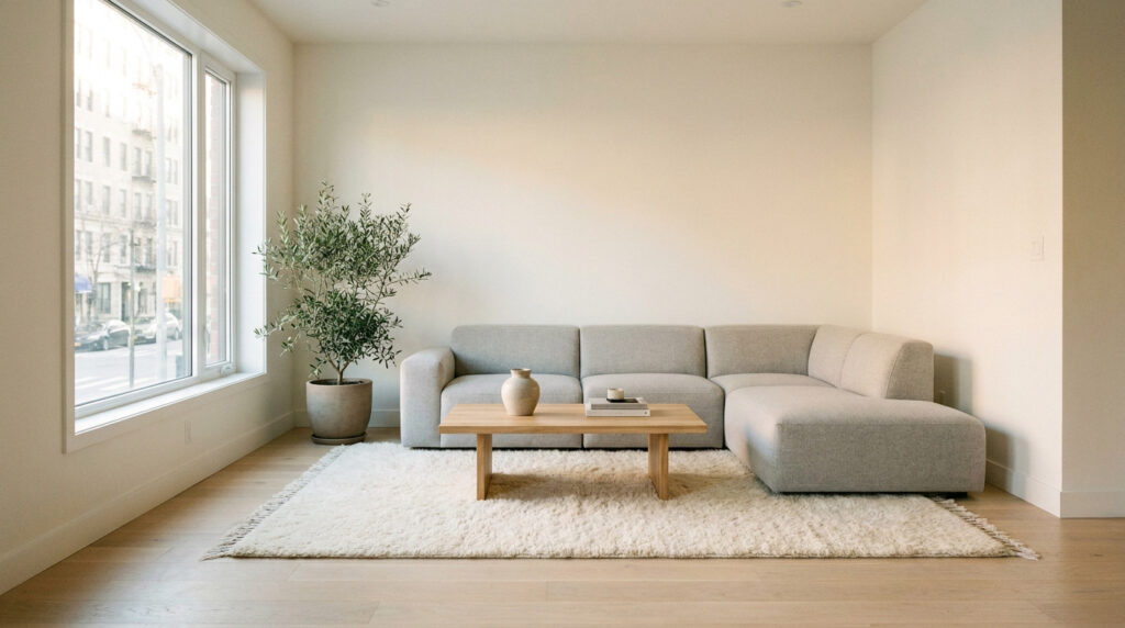 Salon lumineux avec canapé beige, table basse en bois et olivier, vue sur une rue citadine depuis une grande fenêtre.