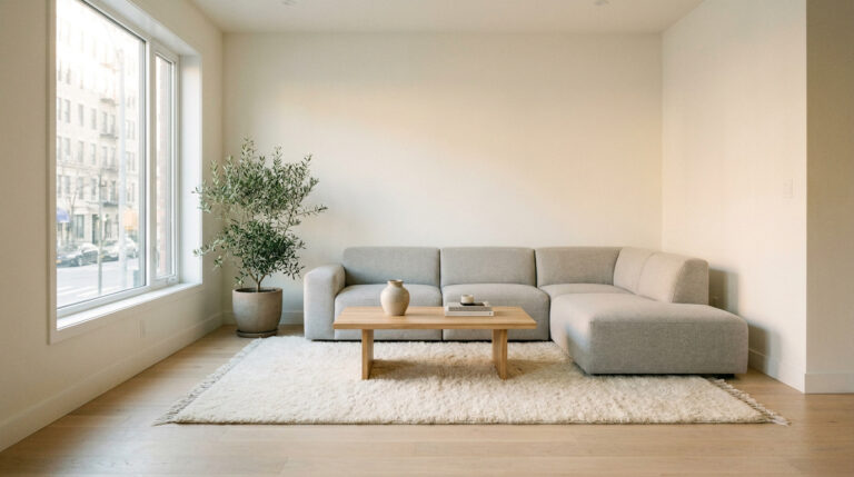 Salon lumineux avec canapé beige, table basse en bois et olivier, vue sur une rue citadine depuis une grande fenêtre.