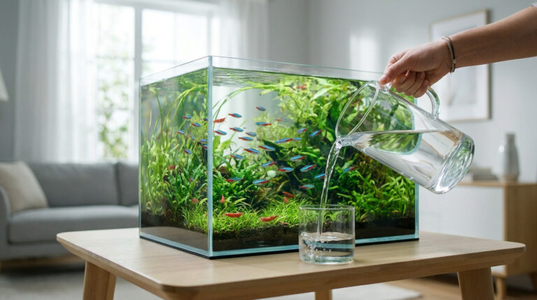 Une main verse de l'eau d'une carafe dans un verre devant un aquarium planté rempli de petits poissons néons.