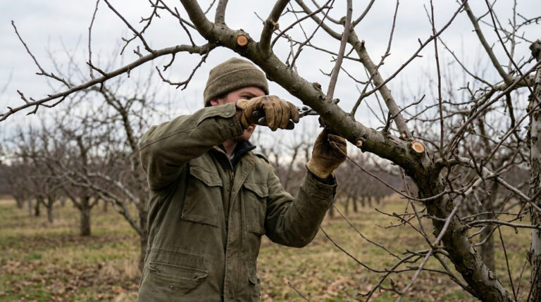 Un arboriculteur taille un arbre fruitier en hiver dans un verger.