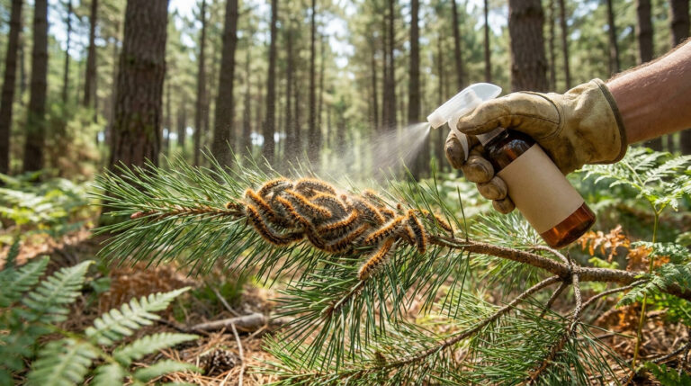 Une main gantée vaporise un produit sur des chenilles processionnaires regroupées sur une branche de pin en forêt.