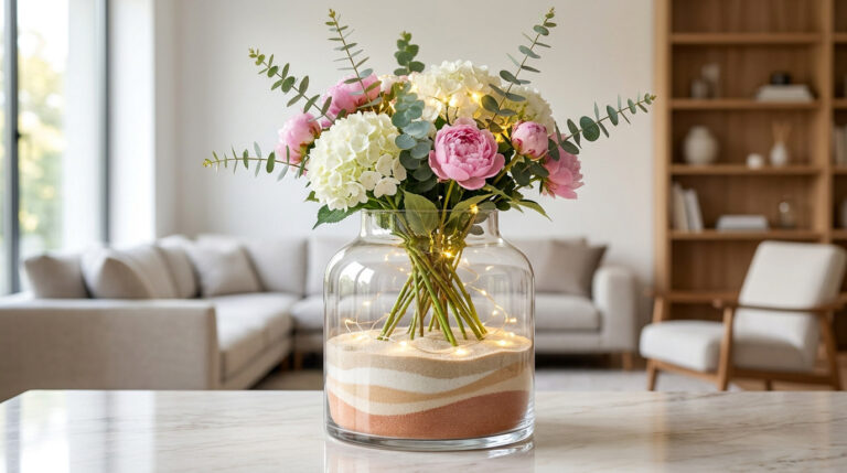 Bouquet de fleurs avec guirlande lumineuse dans un vase en verre transparent rempli de couches de sable coloré.