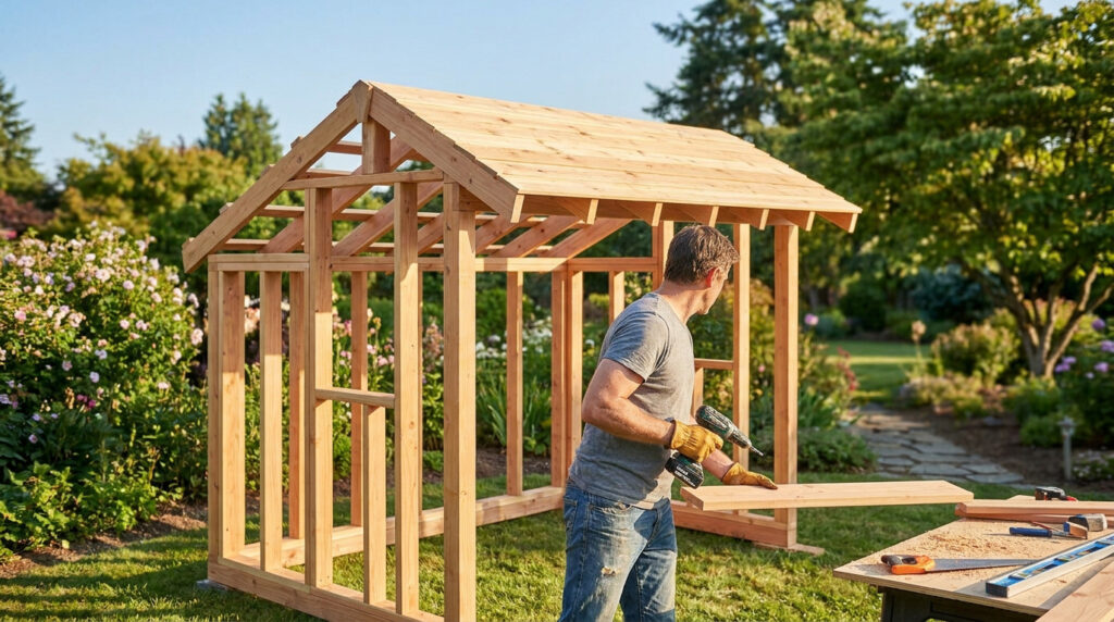 Un homme construisant la structure en bois d'un appentis dans un jardin ensoleillé.