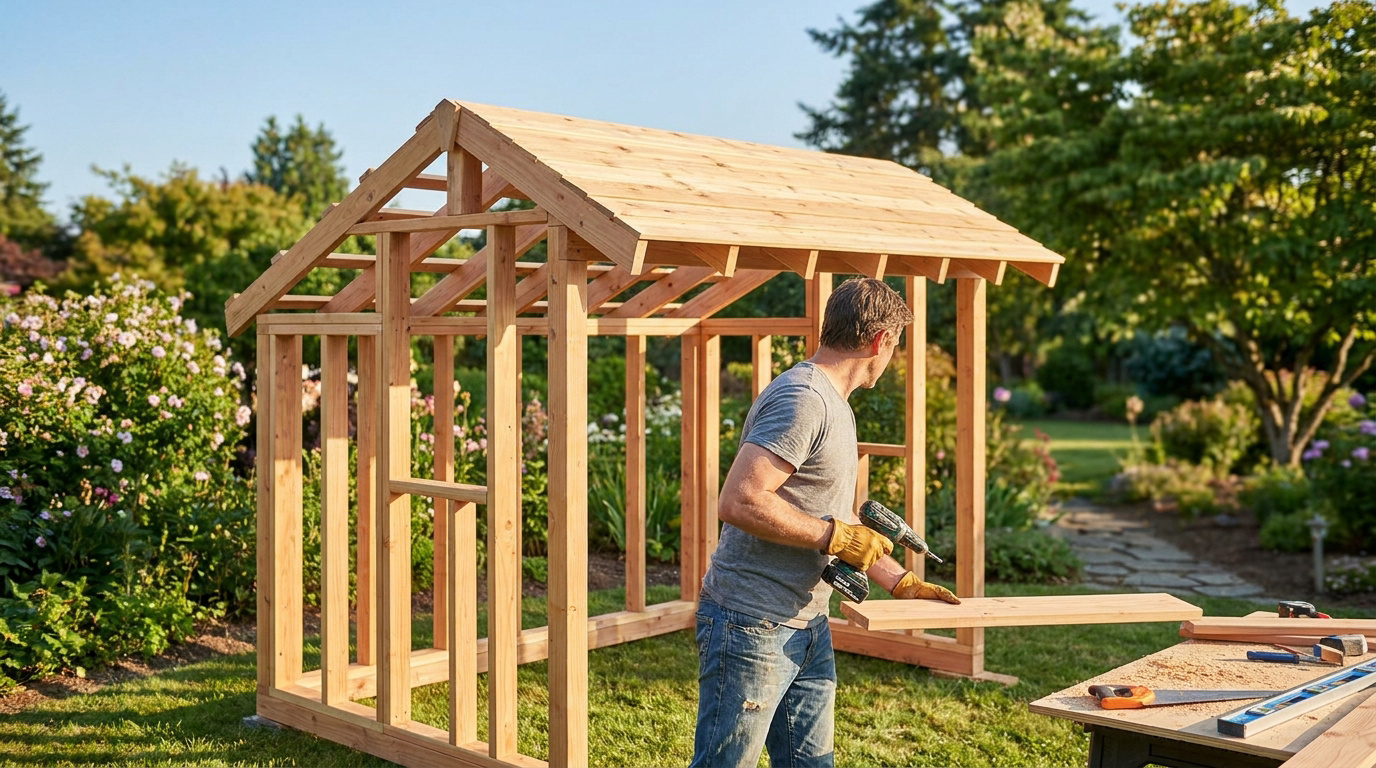 Un homme construisant la structure en bois d'un appentis dans un jardin ensoleillé.