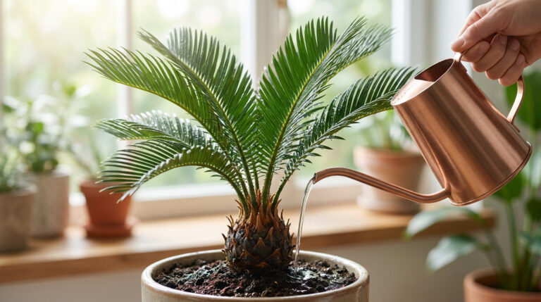 Une main utilisant un arrosoir en cuivre pour verser de l'eau au pied d'un cycas en pot.