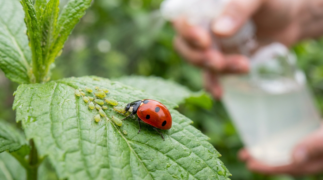 Une coccinelle mangeant des pucerons sur une feuille de menthe pendant un traitement naturel au vaporisateur.