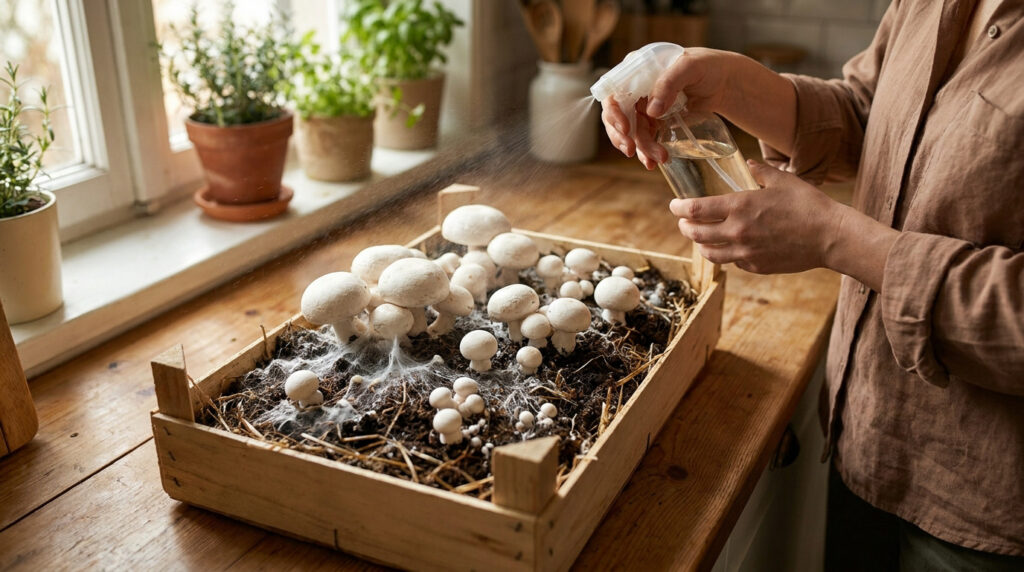 Une personne vaporise de l'eau sur une caisse en bois contenant du mycélium et des champignons de Paris en pleine pousse.