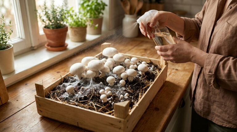 Une personne vaporise de l'eau sur une caisse en bois contenant du mycélium et des champignons de Paris en pleine pousse.