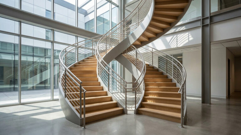 Escalier hélicoïdal avec marches en bois et garde-corps en métal dans un atrium moderne et lumineux.