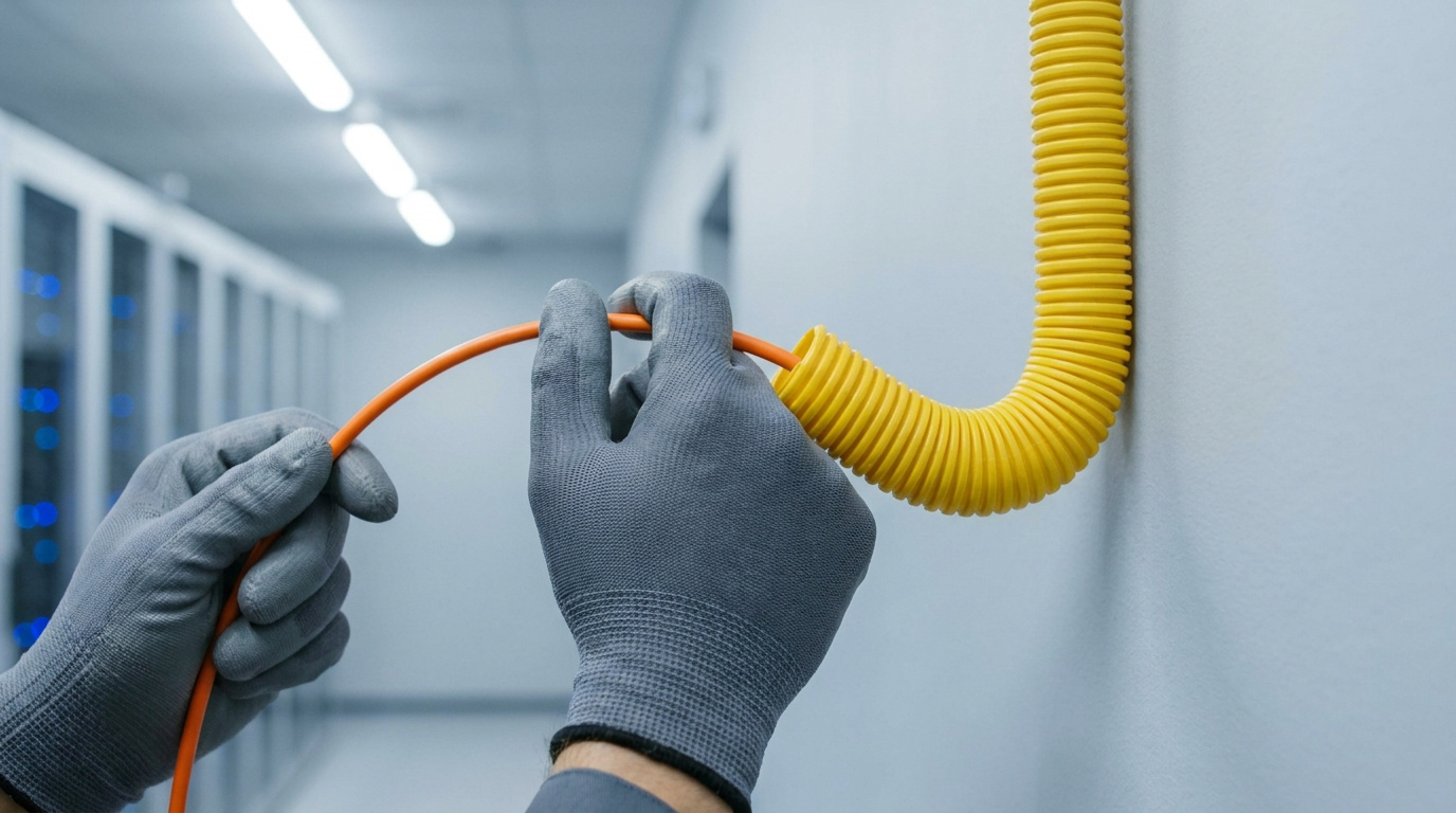 Mains gantées insérant un câble orange dans une gaine annelée jaune fixée au mur d'une salle de serveurs.